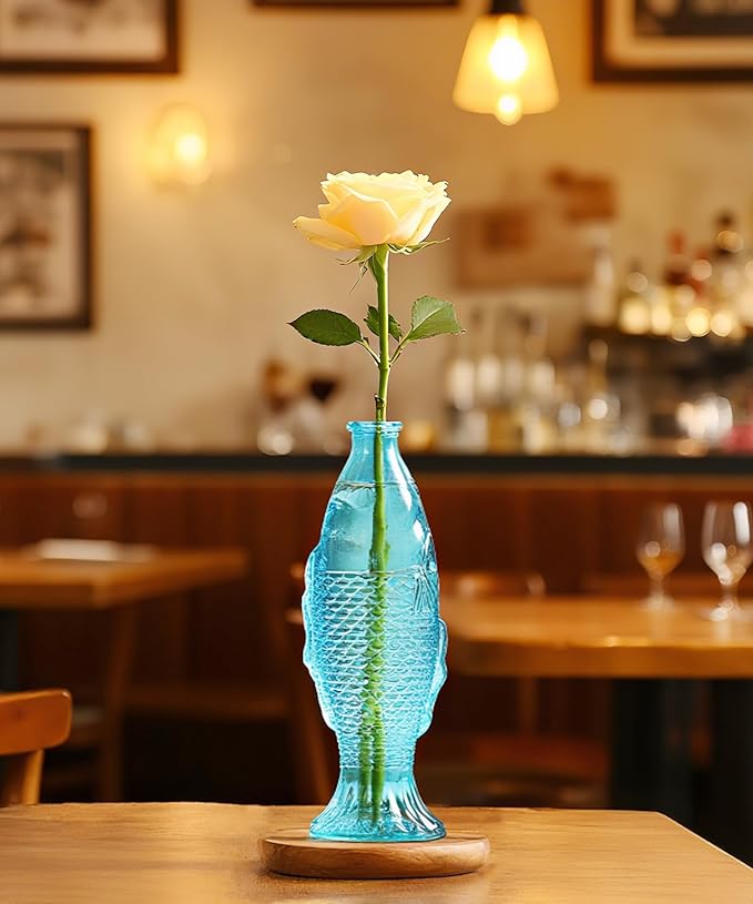 Nacome Fish Vase Glass Plant Terrarium with Wooden Stand,Planter Propagation Station for Home Office Hydroponics Desk Decoration,Unique Gardening Gifts for Plant Lovers Women Mom(Blue)-Ruum Studio Home