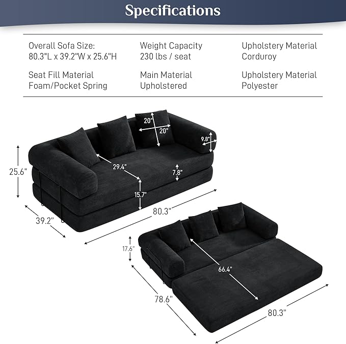 Convertible Sleeper Sofa Bed with Pillow, 4-in-1 Corduroy Folding Mattress Couch with Fixed-Shape Frame, Futon Fold Out Floor Sofa Cama Lounge Couch for Living Room Bedroom Studio, Black-Ruum Studio Home