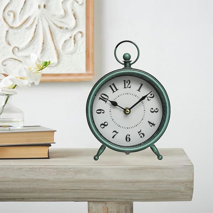 Vintage Small Rustic Green Table Clock on Stand - Decorative Desk and Shelf Clock, Battery Operated, Silent Non-Ticking Timepiece Perfect for Office, Living Room, and Bedroom Decor-Ruum Studio Home