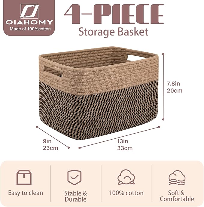 OIAHOMY 4 Pack Storage Baskets for Organizing, Basket for Shelves with Handle, Woven Baskets for Storage Toys, Towels, Books, Cotton Rope Basket 13" L x 9 " W x 7.8 " H, Brown & Black-Ruum Studio Home