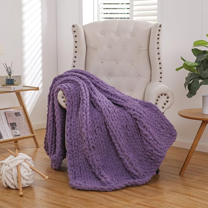 WESHIONGOO Chunky Knit Blanket Throw Knitted Throw Blankets for Couch Bed Fluffy Soft Blanket with Jumbo Chenille Yarn Thick 100% Handmade (Purple, 50"×60")-Ruum Studio Home