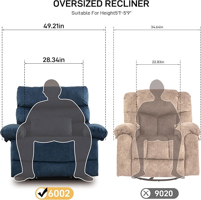 Oversized Recliner Chair Extra Wide Large Recliner for Adults 350lbs with Lumbar Support Pillow Nursery Chair Living Room (Manual, BLUE-6002)-Ruum Studio Home