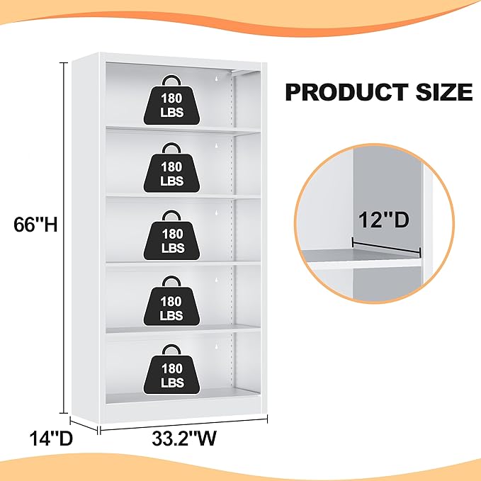 66" Tall Metal Bookcase, 5 Shelf White Bookcase with Adjustable Shelves, Large Bookshelves and Bookcases, Modern Book Shelf Storage Organizer for Living Room, Home Office, Library-Ruum Studio Home