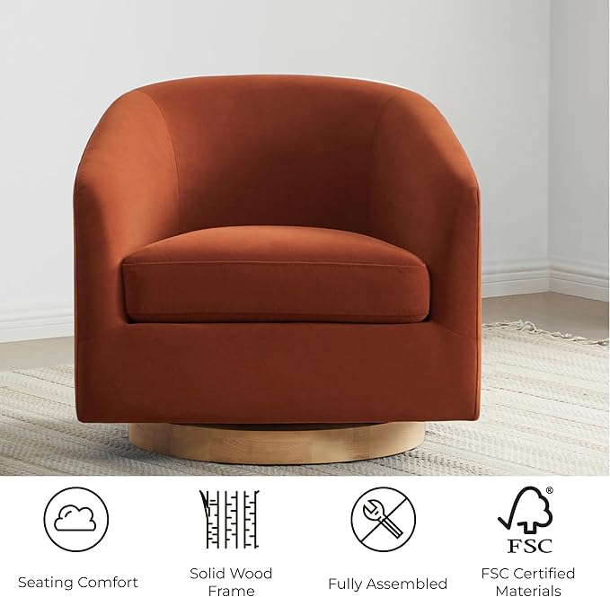 CHITA Swivel Accent Chair, FSC Certified Upholstered Velvet Barrel Chair for Living Room, Fully Assembled, Burnt Orange-Ruum Studio Home