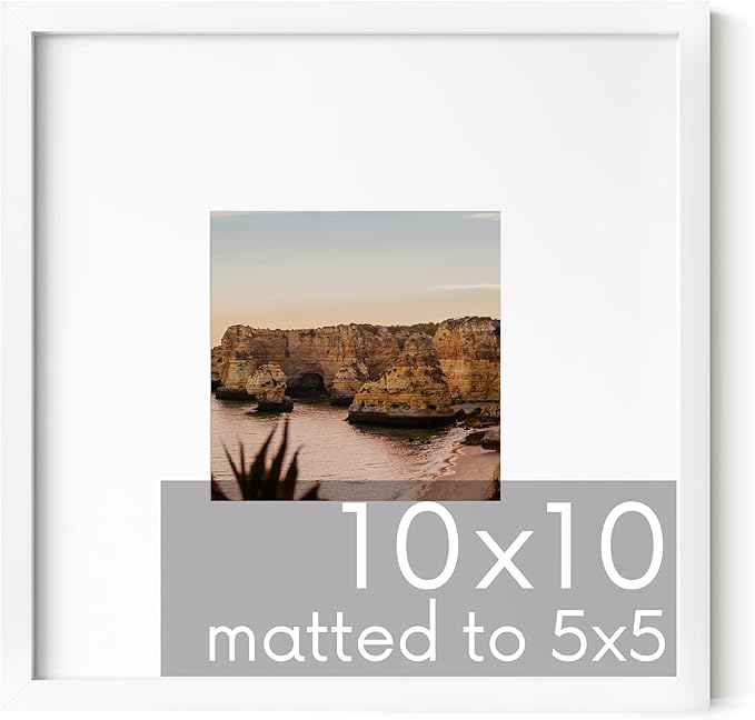 HAUS AND HUES 10x10 White Metal Picture Frame Matted to 5x5 - Features Vertical & Horizontal Hanging, Shatterproof Plexiglass - Ideal for Home, Room, Office (10x10 in, White, Set of 1)-Ruum Studio Home
