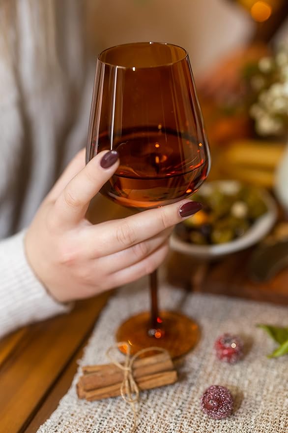 Saludi Original Dark Orange Leaf Wine Glasses, 16.5oz (Set of 6) Stemmed Single Color Rust Terracotta- Great for All Wine Types and Occasions or Gifts - Luxury, Durable, Hand-Blown-Ruum Studio Home