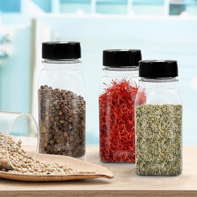 RoyalHouse - 6 Pack 14 Oz Plastic Spice Jars with Black Cap, Clear and Safe Plastic Bottle Containers with Shaker Lids for Storing Spice, Herbs and Seasoning Powders, BPA Free, Made in USA-Ruum Studio Home