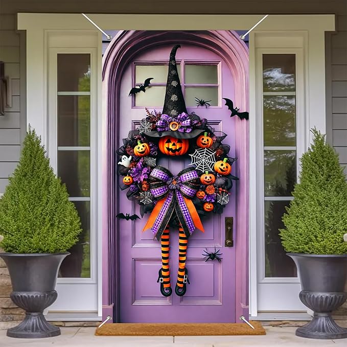 Halloween Witch Wreath Door Cover 71x35 Inch Holiday Front Porch Door Banners Decoration Purple Pumpkin Spider Web Bat Background Hanging Banner for Indoor Outdoor Spooky Party Decor-Ruum Studio Home