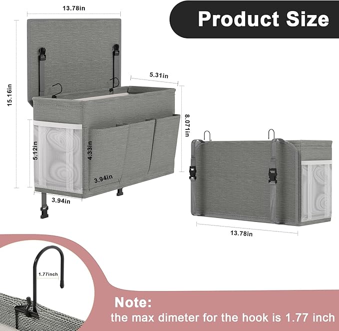 Dual-purpose Bedside Caddy Bedside Organizer, Bed Caddy with 6 Pockets, Versatile Bedside Storage Solution Magazine Remotes holder, ideal for Home, Dorm, Hospital, Crib Bed (Grey)-Ruum Studio Home