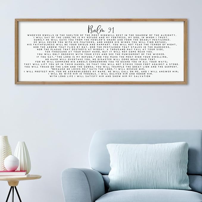 LuZhiQiang Psalm 91 Wall Decor Art 40"×15" Bible Verse Sign for Family Bedroom Christian Large Wood Framed Wall Hanging (Wood)-Ruum Studio Home