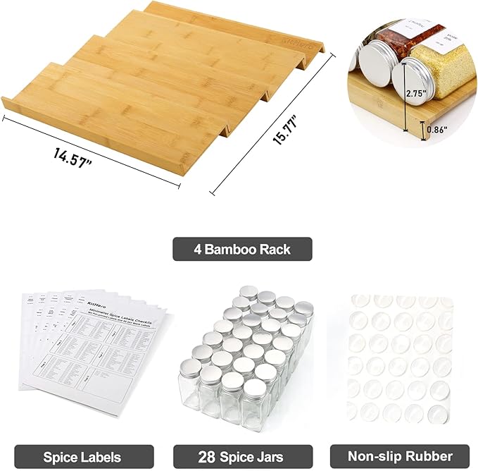 Spice Drawer Organizer with 28 Spice Jars,216 Labels,25 Non-slip Rubber, Bamboo 4 Tier Seasoning Rack Tray Insert for Kitchen Drawers,Cabinets,Countertop,14.6" Wide x 15.8" Deep-Ruum Studio Home