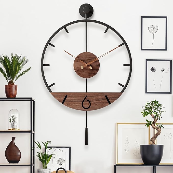 34.6×24 Inch Large Modern Decorative Pendulum Wall Clock,Big Metal Farmhouse Oversized Silent Wall Clocks Minimalist Elegant Walnut Dial Pointers for Living Room,Office,Dining Room Decor-Ruum Studio Home