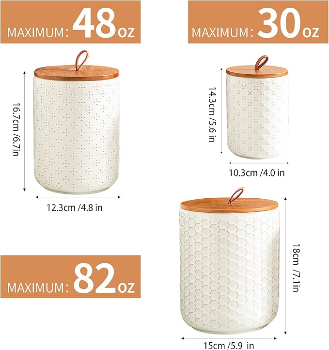 JOJUNO White Ceramic Canister Set with Wooden Lids – 3-Piece Airtight Food Storage Jars for Kitchen, Embossed Design, Small/Medium/Large Sizes (30/48/82 oz) – Flour, Sugar, Coffee, Tea Containers-Ruum Studio Home