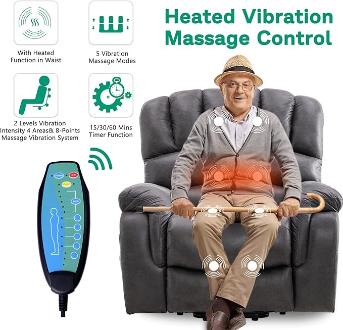 VIVIJASON Large Dual OKIN Motor Lay Flat Sleeper Lift Recliner Chair with Heat & Massage for Elderly, Infinite Position Electric Power Recliner with 2 Remote Controls, Side Pockets & USB Ports, Gray-Ruum Studio Home