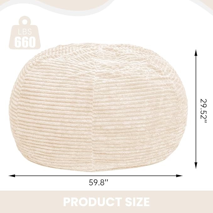 Large Bean Bag Chair, 6FT Giant Beanbag Chairs with Memory Foam Filled, Bean Bag Chairs for Adults, Ultra Soft Lazy Sofa for Living Room Bedroom (White)-Ruum Studio Home