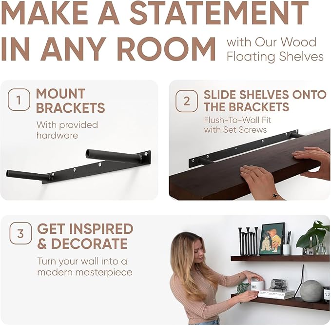 Homeforia 48 inch Walnut Floating Shelf, High End Solid Real Wood Large 48inch Floating Shelves for Wall, Dark Brown 48 inches Long Floating Shelves, Heavy Duty Bracket, 48 X 6.5 X 1.75 inch, Set of 2-Ruum Studio Home