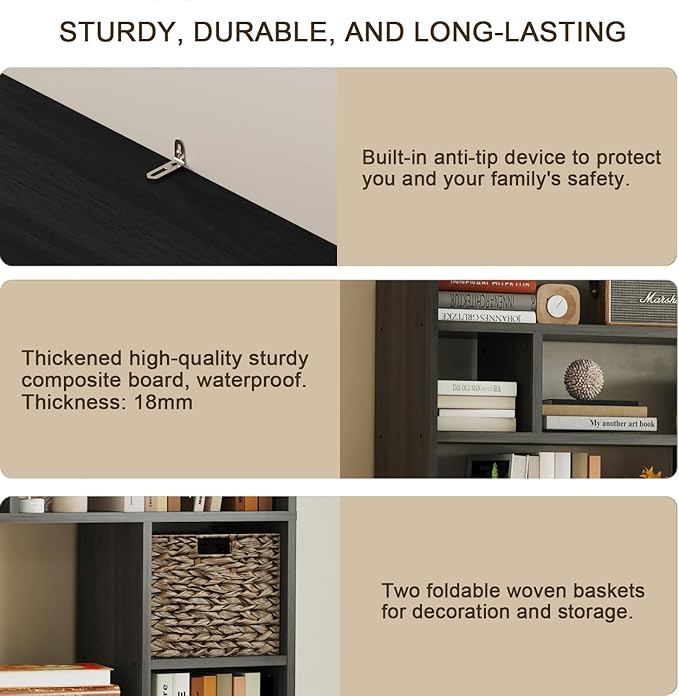71” Tall Open Black Bookcase with Baskets, Free-Standing 6-Tier Wooden Display Storage Bookshelves with 16 Irregular Cubes for Living Room, Home Decor-Ruum Studio Home