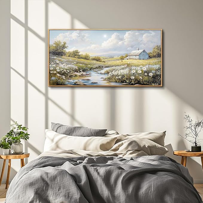 PHAOHUAXM Wall Art For Living Room Large Canvas Wall Decor For Bedroom Flower Watercolour Painting Office Decoration Countryside Scenery Mural Artwork Ready To Hang Home Decor 24x48 In Wood Framed-Ruum Studio Home