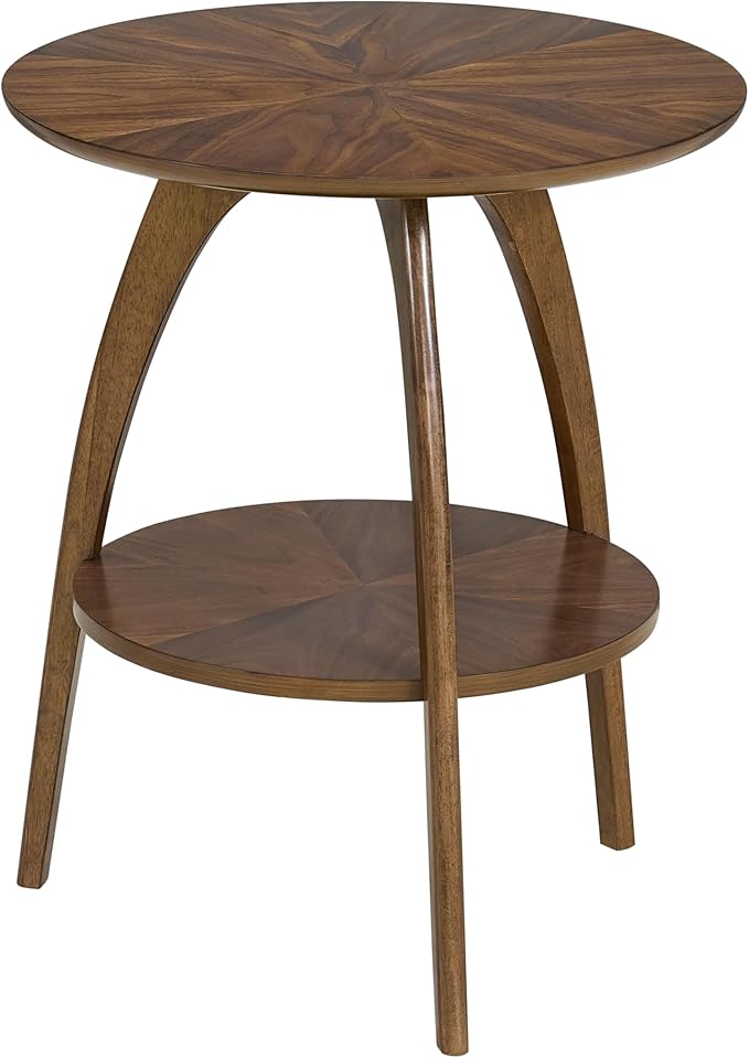 Martin Svensson Home Round Wood Walnut Brown 20" Living Room End Side Accent Table Nightstand with Storage Shelf-Ruum Studio Home