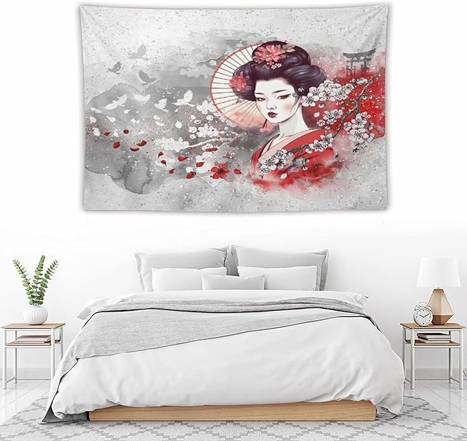 Japanese Geisha Tapestry Asian Red Cherry Blossom Traditional Kimono Folk Tapestries Home Decor for Living Room Bedroom Apartment Farmhouse Dorm 60"x40"-Ruum Studio Home