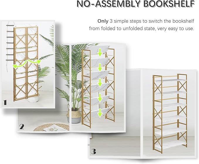 4NM 6 Tiers No Assembly Book Shelves, 61.8" H Folding Bookshelf Bookcase Open Industrial Foldable Shelves for Bedroom, Living Room, Home Office - White Gold-Ruum Studio Home