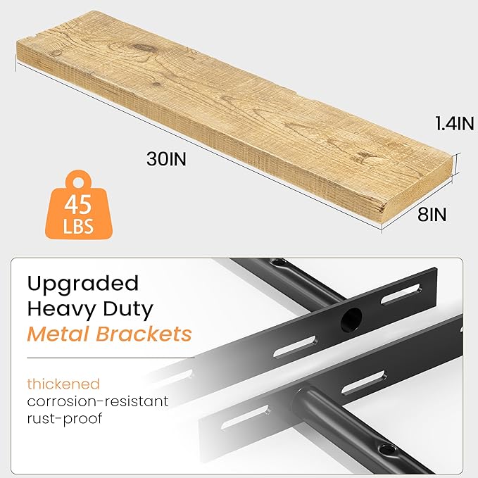 Fun Memories Floating Shelves for Wall Decor, 30"x8" Rustic Reclaimed Wood Shelves, Heavy-Duty Wall Mounted Shelves with Invisible Brackets, Set of 2for Living Room, Bedroom, Kitchen, Natural Finish-Ruum Studio Home