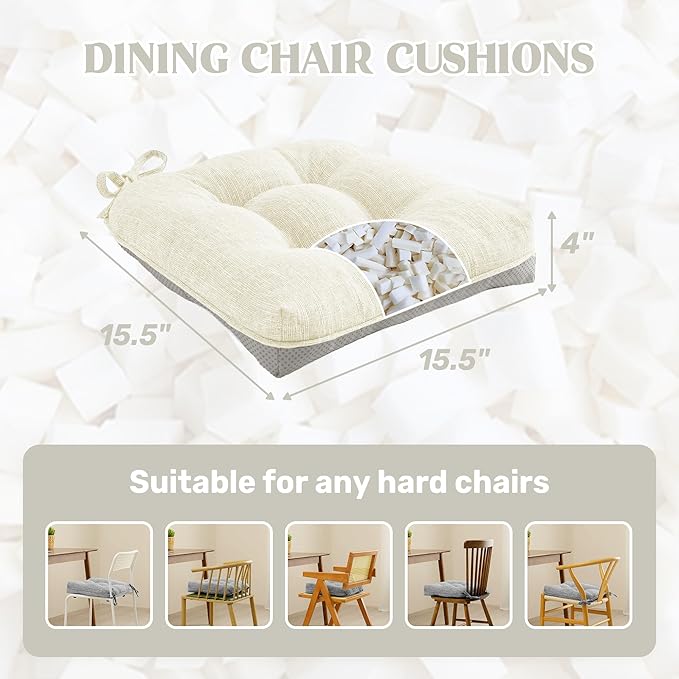 puredown® Chair Cushions for Dining Chairs, Tufted Memory Foam Chair Pads with Non-Slip Backing, Kitchen Seat Cushions with Ties, Washable Seat Pads Set of 4, 15.5" x 15.5" x 4", Ivory-Ruum Studio Home