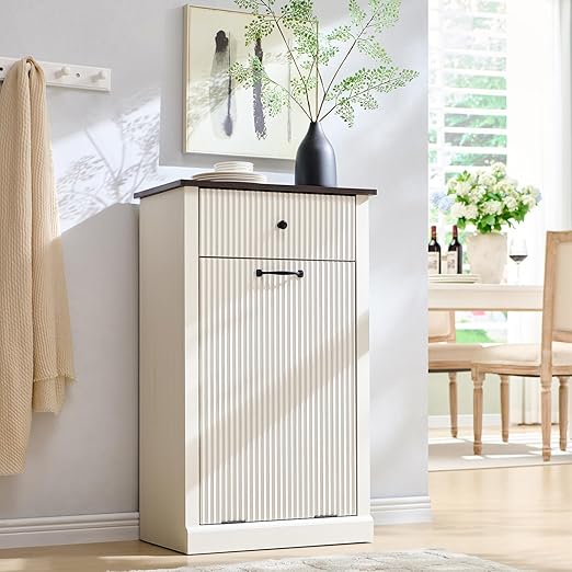 Modern Tilt-Out Trash Can Cabinet, 10 Gallon Fluted Laundry Hamper Cabinet with Drawers, Wooden Hidden Garbage Can Cabinets with Storage Basket, Free Standing for Kitchen and Living Room, White-Ruum Studio Home