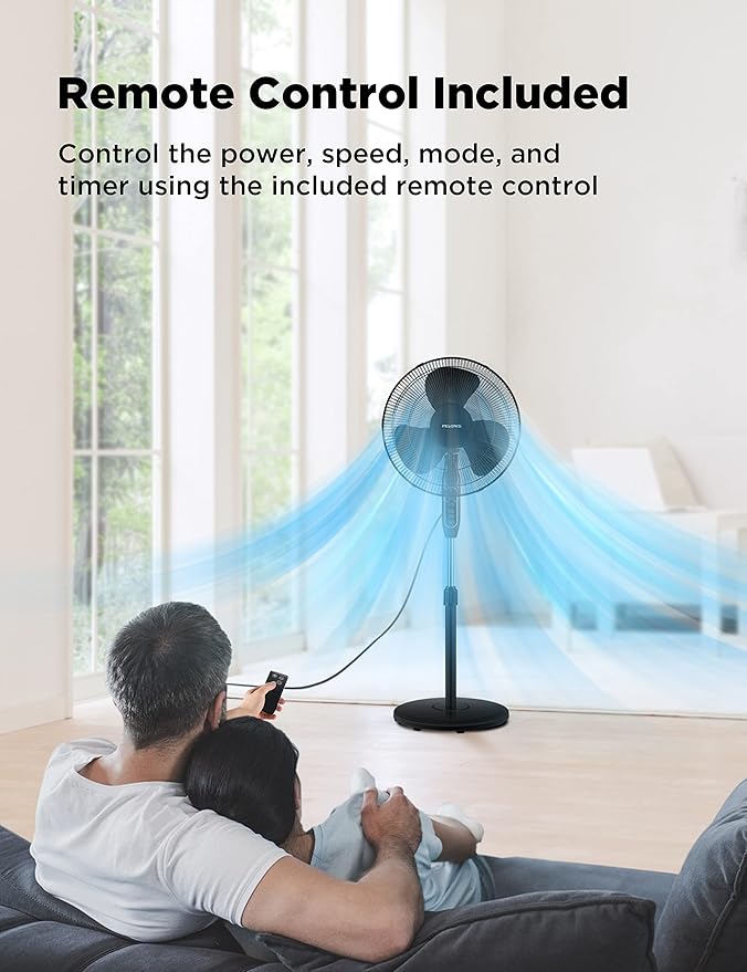PELONIS 16'' Pedestal Fan for Bedoom, Remote, Standing Fan with 7-Hour Timer, 90° Oscillation, 3-Speeds, Adjustable Height, Electric Cooling Fans for Living Room and Office-Ruum Studio Home