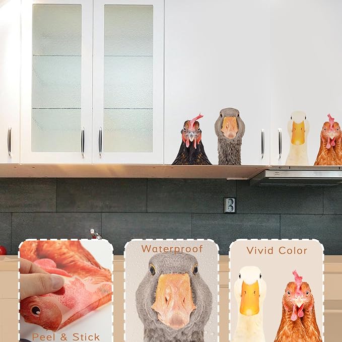Funny Animal Windows Stickers Decor - 2 Hens Head & 2 Goose Head Window Cling Removable - Cute Animals Window Decals Peel and Stick - Funny Animals Wall Decor for Farmhouse Kitchen Door Refrigerator-Ruum Studio Home