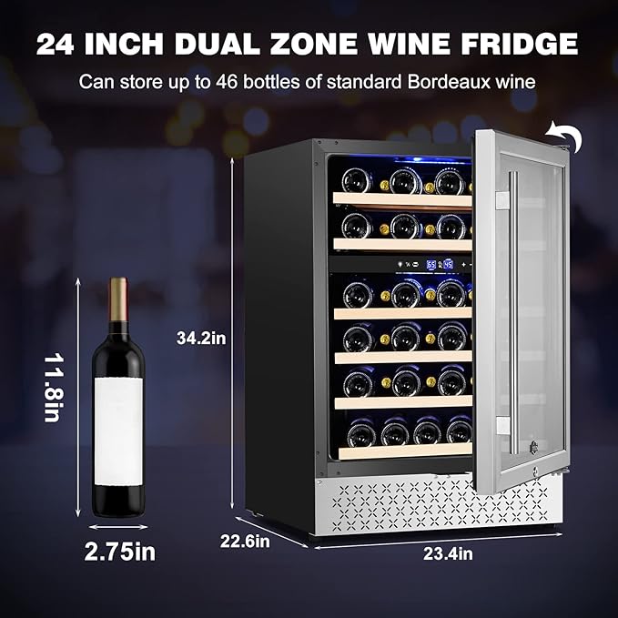 Tylza 24 Inch Dual Zone Wine Cooler Refrigerator, 46 Bottle Built-in or Freestanding, 24'' Wine Fridge with Stainless Steel & Professional Compressor and Temperature Memory Function-Ruum Studio Home