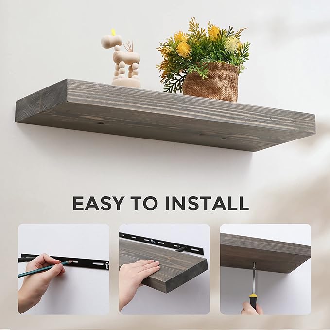 Fun Memories European Pine Floating Shelves for Wall, Mounted Shelf for Decor Storage Set of 2 - Natural Rustic Wooden Wall Shelf for Kitchen Bathroom Living Room Bedroom Farmhouse - Grey-Ruum Studio Home