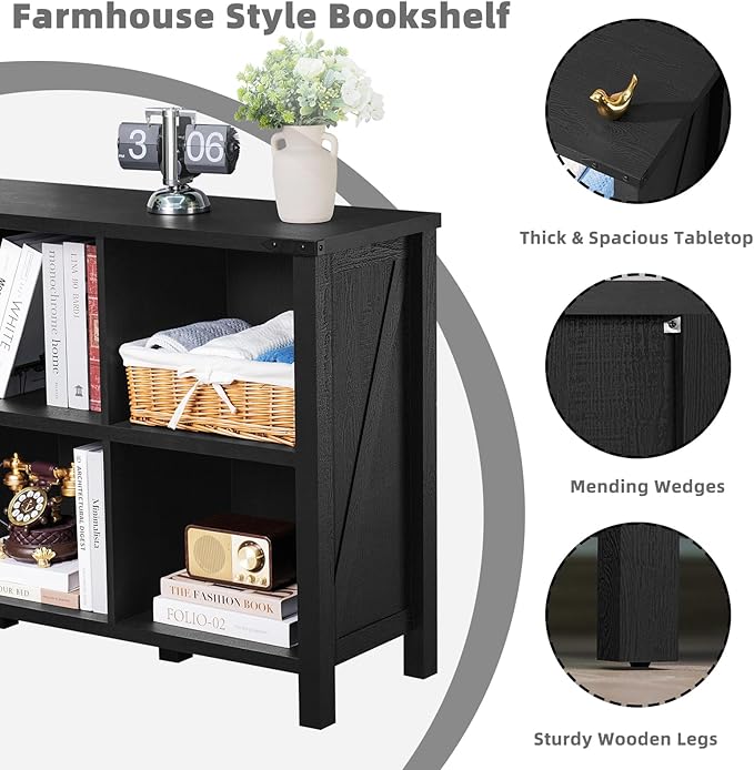 6 Cube Bookcase, Farmhouse Wood Low Storage Organizer Book Shelf, Black 47" Horizontal Console Bookshelf with Legs, Hallway Book Case for Entryway, Display Cabinet for Living Room, Office-Ruum Studio Home