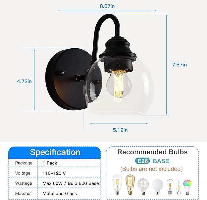 Farmhouse Gooseneck Wall Sconces Set of Two, Bathroom Vintage Black Vanity Light, Rustic Indoor Wall Light Fixtures with Clear Glass for Bathroom Beside Mirror Living Room Hallway-Ruum Studio Home