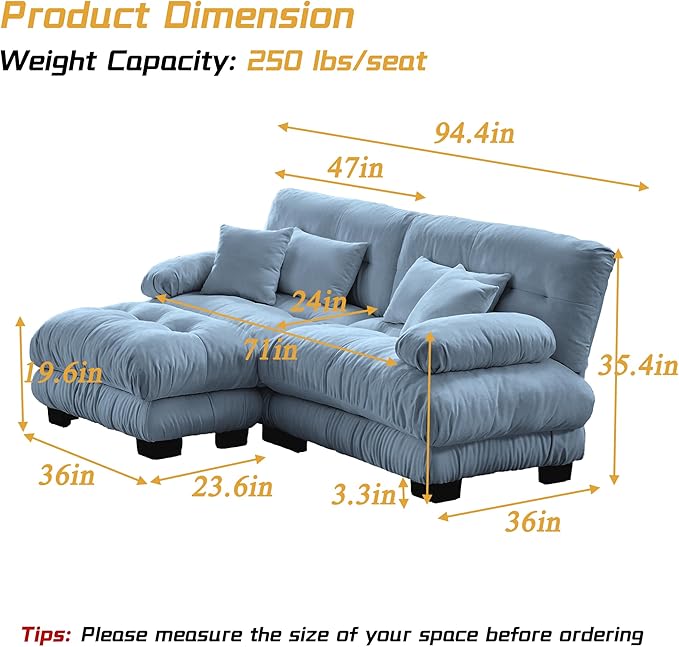 Modular Sectional Sofa, Comfy Cloud Couch Oversized Loveseat with Ottoman, Sectional Couches for Living Room, Modern Chenille L Shaped Couch, Sleeper Deep Seat Sofa with Throw Pillows, Blue-Ruum Studio Home
