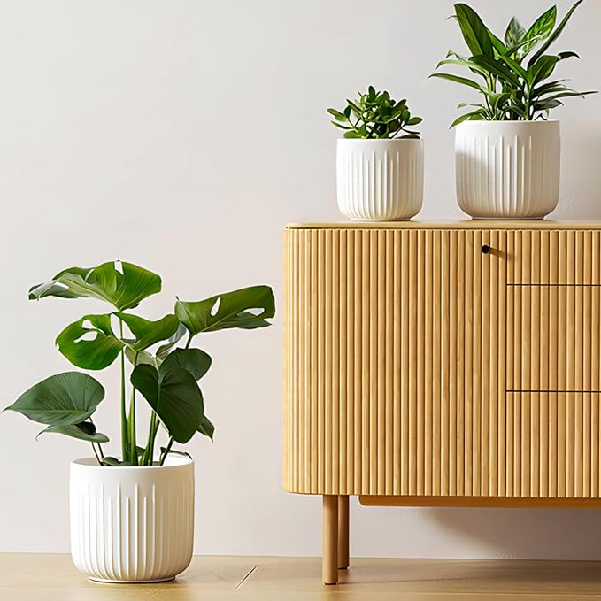 LE TAUCI Fluted Ceramic Planters Set of 3 – 8.3/7 / 5.7 in White Cylinder Indoor Plant Pots with Drainage Plug & Mesh, Matte Glazed Stoneware Flower Pots for Succulent Herb Cactus-Ruum Studio Home