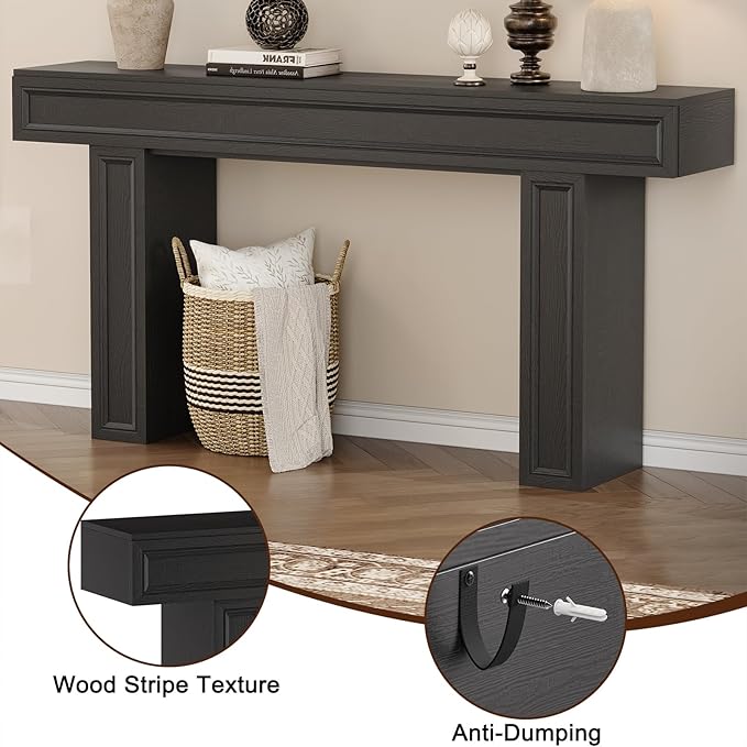 Rresyet 63 Inch Long Console Table, Sofa Table Behind Sofa, Wooden Entryway Table, Farmhouse Entryway Table for Entry, Hallway, Living Room (Black)-Ruum Studio Home