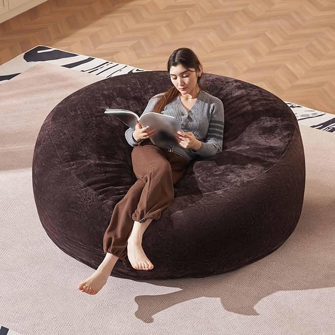 Bean Bag Chair 6Ft, Memory Foam Filled, Large Beanbag Chairs for Adults and Teens, Soft Sofa with Removable Flannel Cover, Round Couch for Living Room Bedroom College Dorm (Brown, 6FT-67×67"×24")-Ruum Studio Home