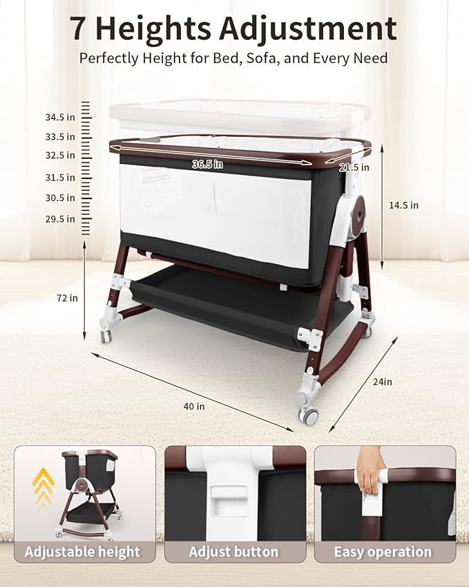 4 in 1 Baby Bassinet, Bassinets Bedside Sleeper with Wheels and Storage Basket, Adjustable 7 Heights Bedside Sleeper with Mosquito Net, Breathable Mesh Rocking Bassinet for Baby-Ruum Studio Home