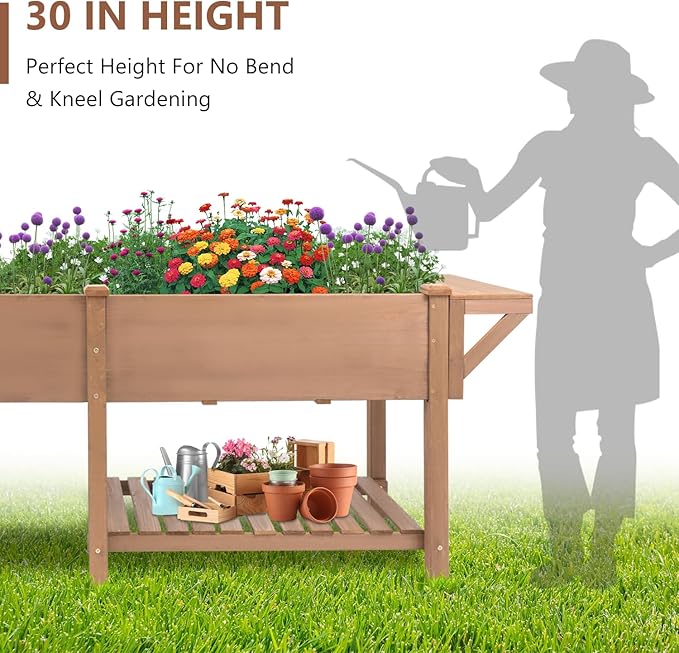 Raised Garden Bed with Legs Outdoor,Elevated Garden Box,Storage Shelf, Protective Liner for Backyard,Patio,Balcony,80x23x30in (Brown)-Ruum Studio Home