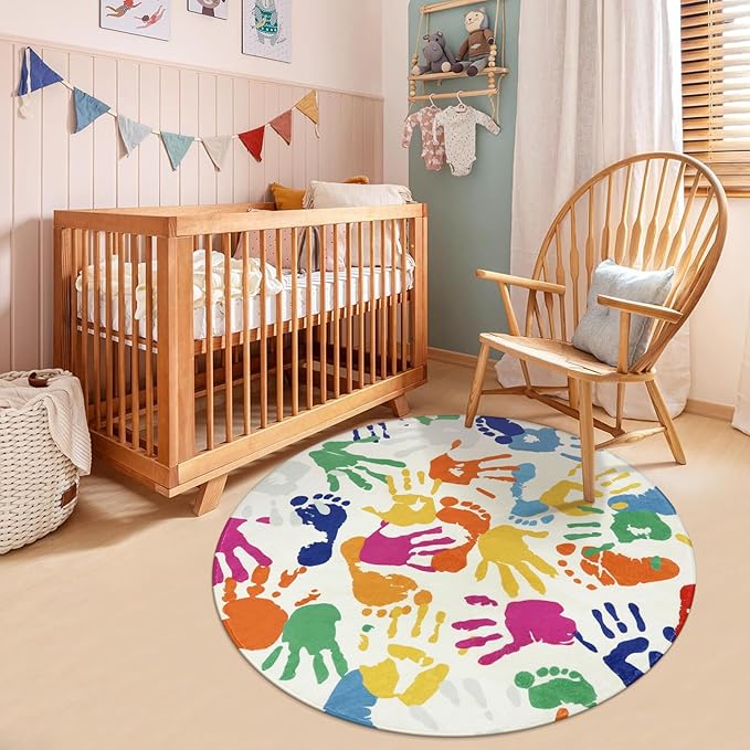 STARUIA Colorful Round Kids Rug 5 Ft, Machine Washable Rug for Playroom, Non-Slip Circle Rugs for Classroom, Soft Circular Carpet Handprints and Footprints Play Mat for Nursery Bedroom Preschool-Ruum Studio Home