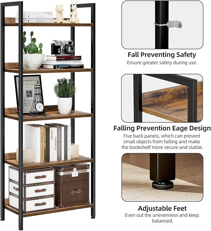 NUMENN Bookshelf, 5 Tier Bookshelves, Home Office Bookcase Shelf Storage Organizer, Free Standing Storage Shelving Unit for Bedroom, Living Room and Home Office, Vintage-Ruum Studio Home