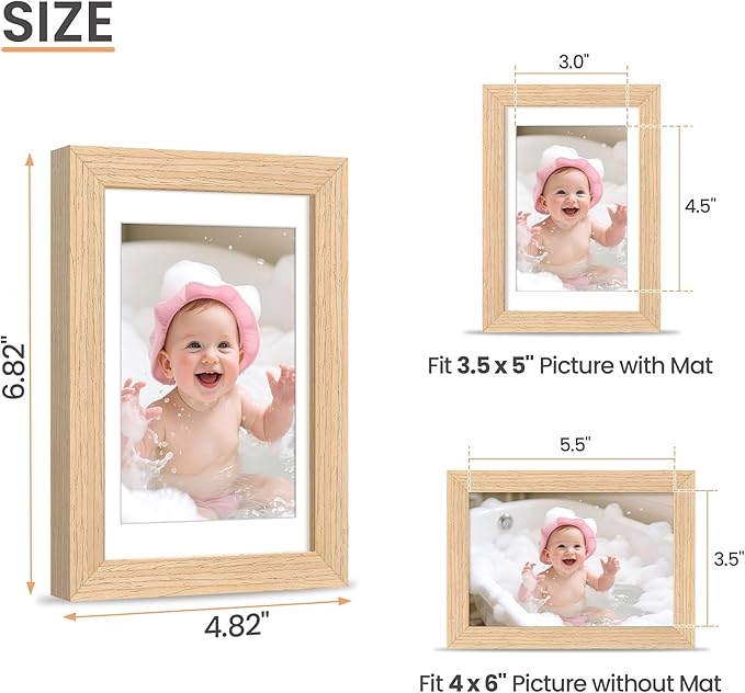 upsimples 4x6 Picture Frame, Natural Solid Wooden Picture Frames, Display 3.5x5 with Mat or 4 x 6 Without Mat, Wall or Tabletop, 1 Pack, Natural-Ruum Studio Home