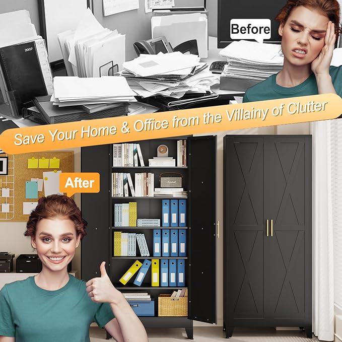 75" Tall Metal Kitchen Pantry Storage Cabinet, Freestanding Cupboard with 2 Doors and 5 Adjustable Shelves, Standing Storage for Kitchen, Bathroom, Garage, Dinning Room or Utility Room（Black）-Ruum Studio Home