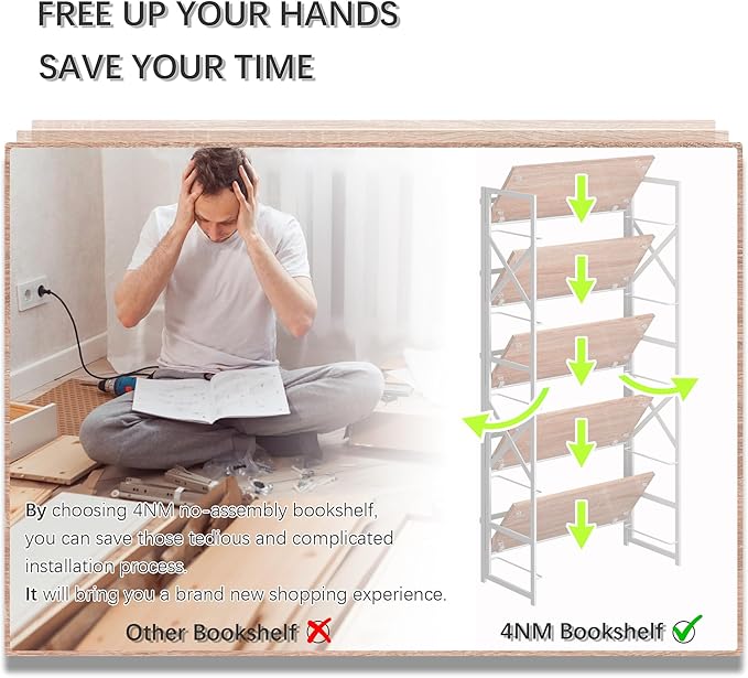 4NM 5 Tiers No Assembly Book Shelves, 51.2" H Folding Bookshelf Bookcase Open Industrial Foldable Shelves for Bedroom, Living Room, Home Office - Natural White-Ruum Studio Home