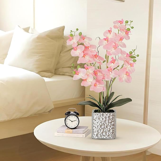 Orchid Artificial Flowers with Sliver Vase Large Silk Faux Phalaenopsis Flowers for Dining Room Table Floral Centerpieces Indoor Decoration,Pink-Ruum Studio Home