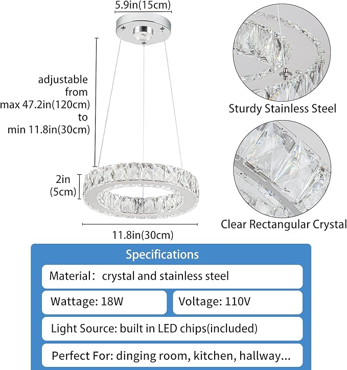 11.8" Crystal Chandelier LED Round Flush Mount Ceiling Light Fixture Modern Hanging Pendant Lighting Mini Ring Chandeliers for Dining Room Kitchen Island Hallway Bathroom (Cool White)-Ruum Studio Home