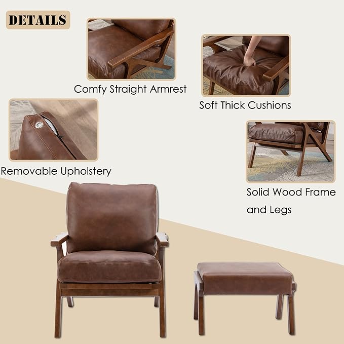 chairus Mid-Century Modern Accent Chair with Ottoman, Faux Leather Armchair with Wood Legs Comfy Upholstered Single Sofa Chair for Living Room/Bedroom/Lounge, Brown-Ruum Studio Home