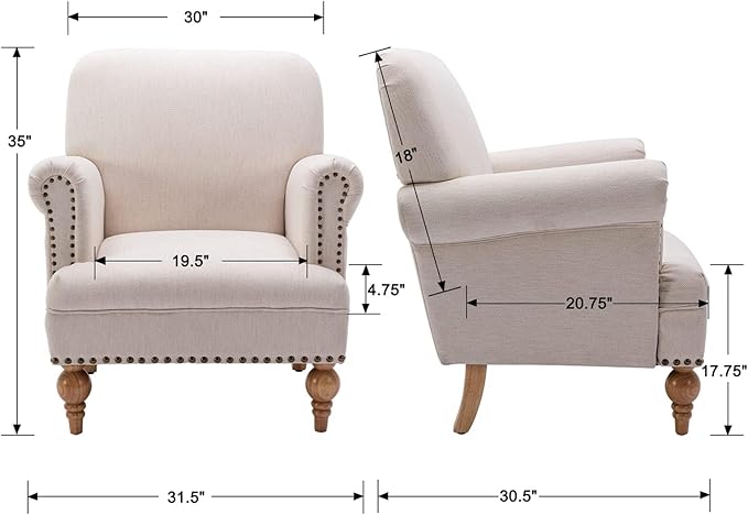 chairus Linen Accent Chair for Living Room Set of 2 Upholstered Mid Century Modern Single Sofa Chair with Solid Wood Legs Comfy Reading Chair Armchair for Bedroom/Office Room/Recption/Lounge, Cream-Ruum Studio Home