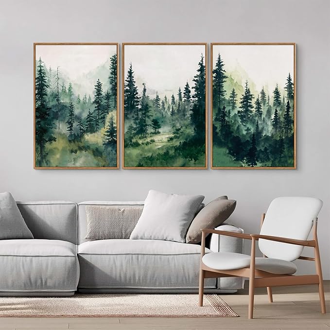 Tinonedraw Watercolor Forest Framed Canvas Wall Art Set, Modern Pine Tree Wall Painting, Nature Foggy Landscape Wall Decor, Misty Mountain Art Prints for Bedroom Living Room Farmhouse Office 16"x24"x3-Ruum Studio Home